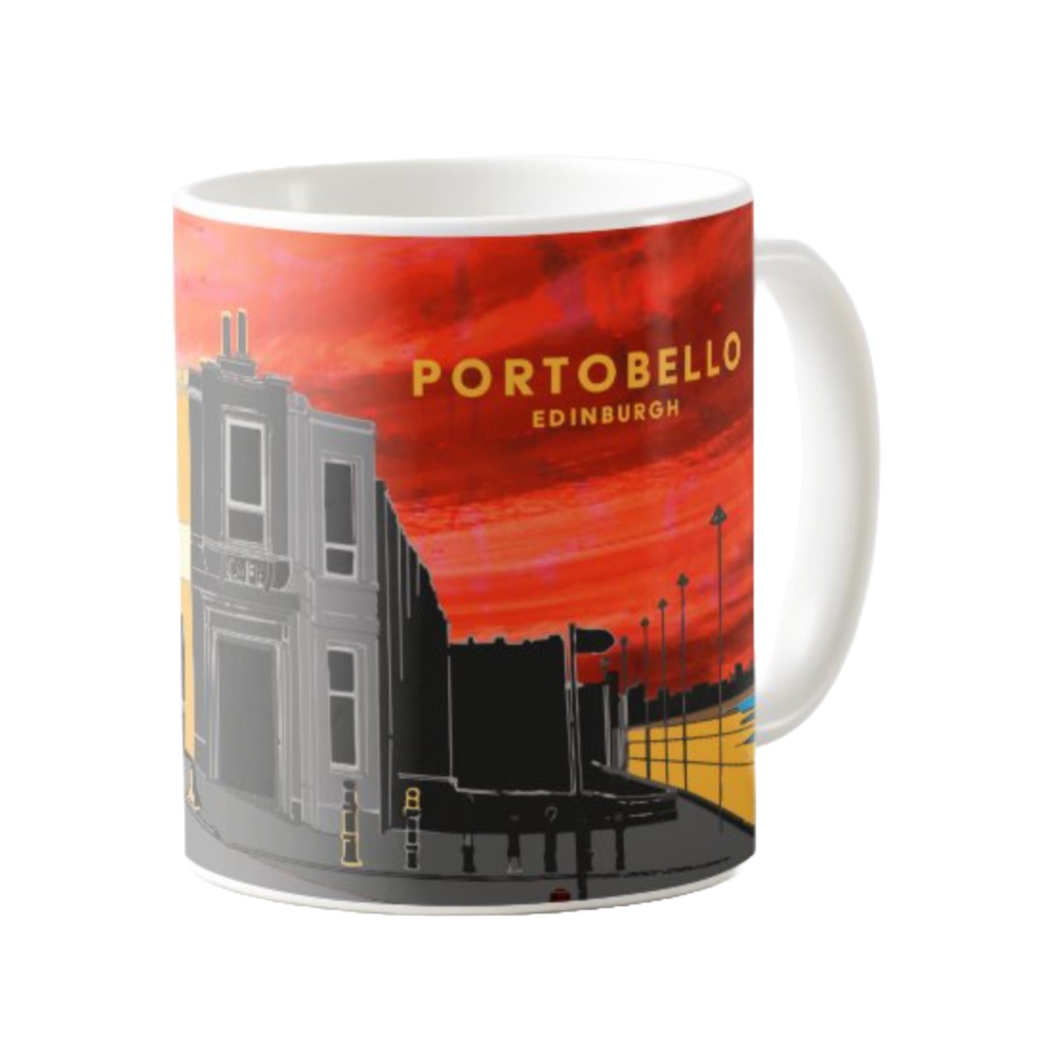 This mug features a panoramic artwork of the Portobello Promenade in Edinburgh