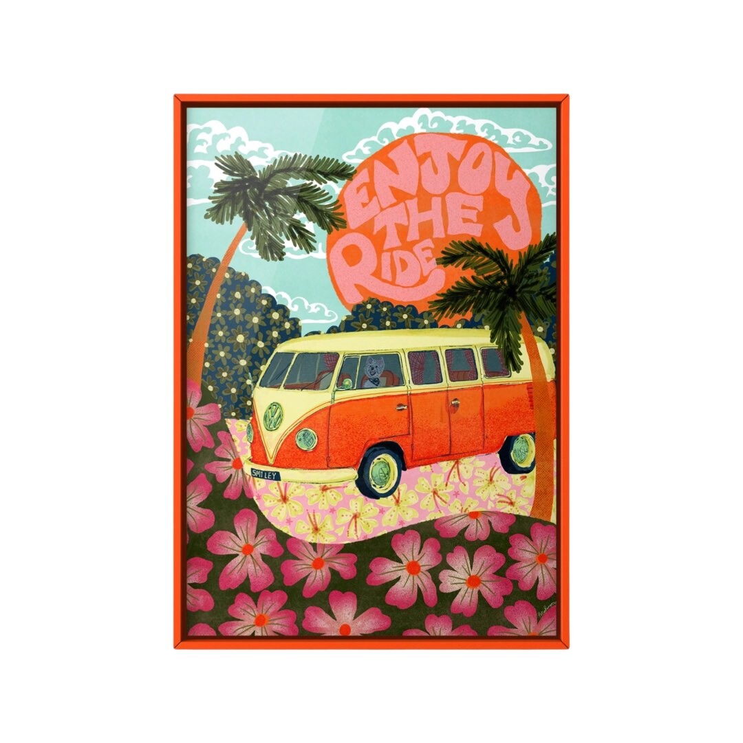 Print featuring an illustration of a vintage VW cream and orange campervan surrounded by hills and palm trees.