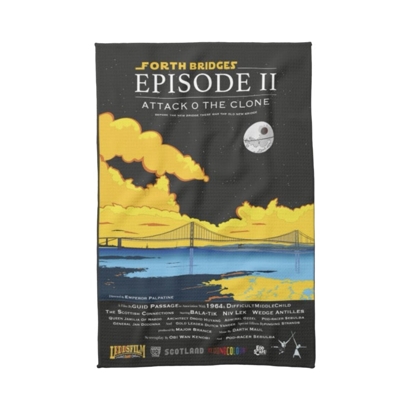 Tea towel featuring a movie poster design with an original illustration (inspired by Star Wars) of the Forth Road Bridge in South Queensferry near Edinburgh.
