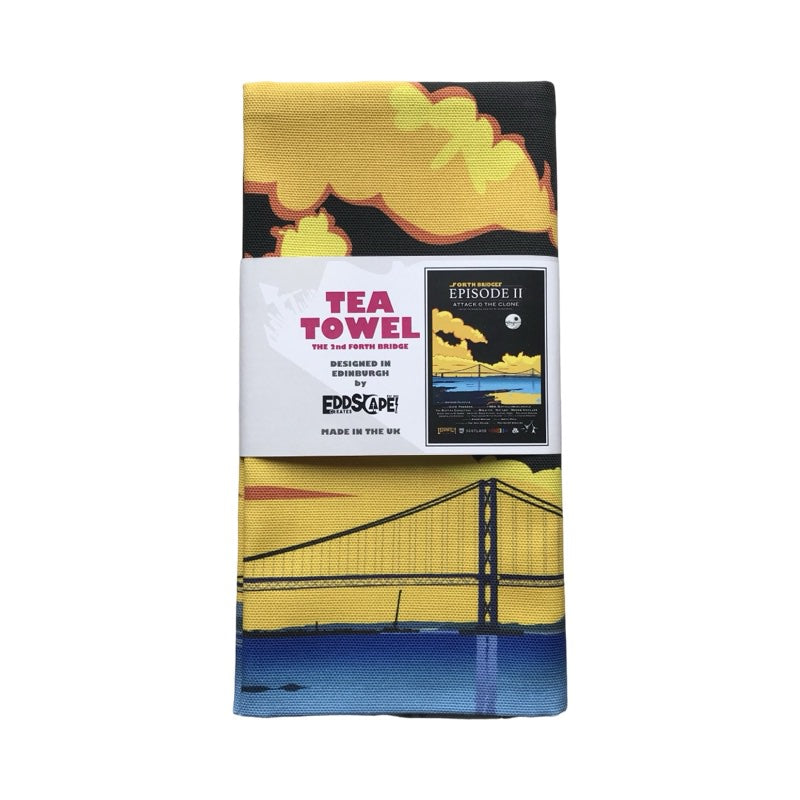 Tea towel featuring a movie poster design with an original illustration (inspired by Star Wars) of the Forth Road Bridge in South Queensferry near Edinburgh.