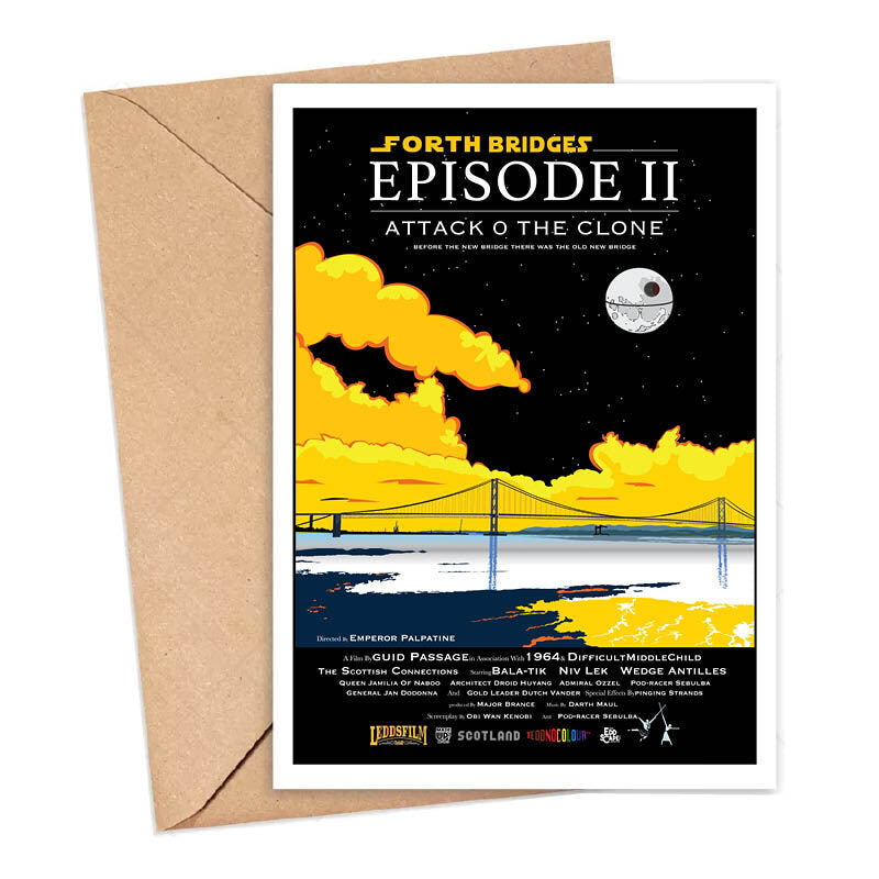 Card featuring a movie poster design with an illustration of the Forth Road Bridge at South Queensferry near Edinburgh