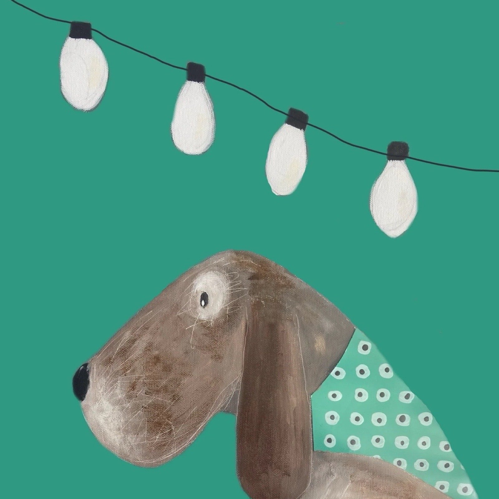 Art card featuring an illustration of Eric the dog wearing a green bandana, under a string of fairy lights.