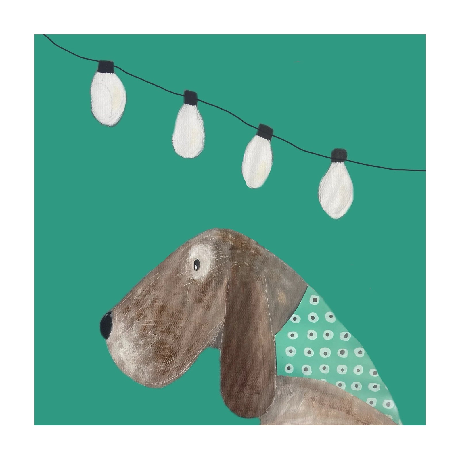 Art card featuring an illustration of Eric the dog wearing a green bandana, under a string of fairy lights.