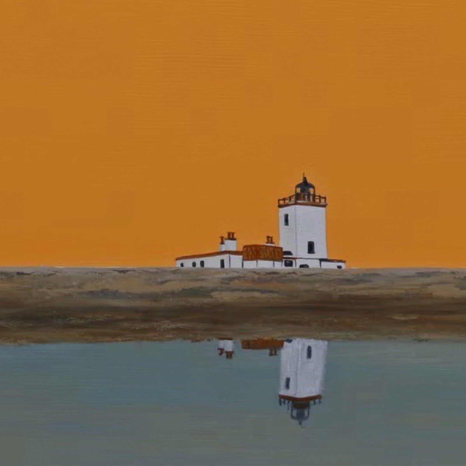 A painting of a white lighthouse and small white buildings on a narrow strip of land, reflected in calm water beneath a large warm orange sky.