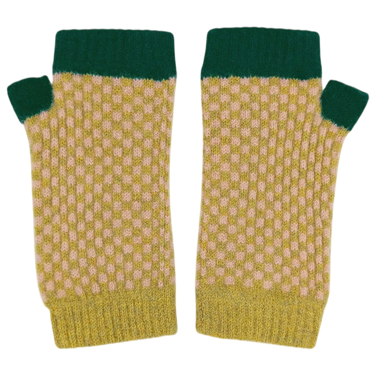 Green and Pink Check Lambswool Wrist Warmers
