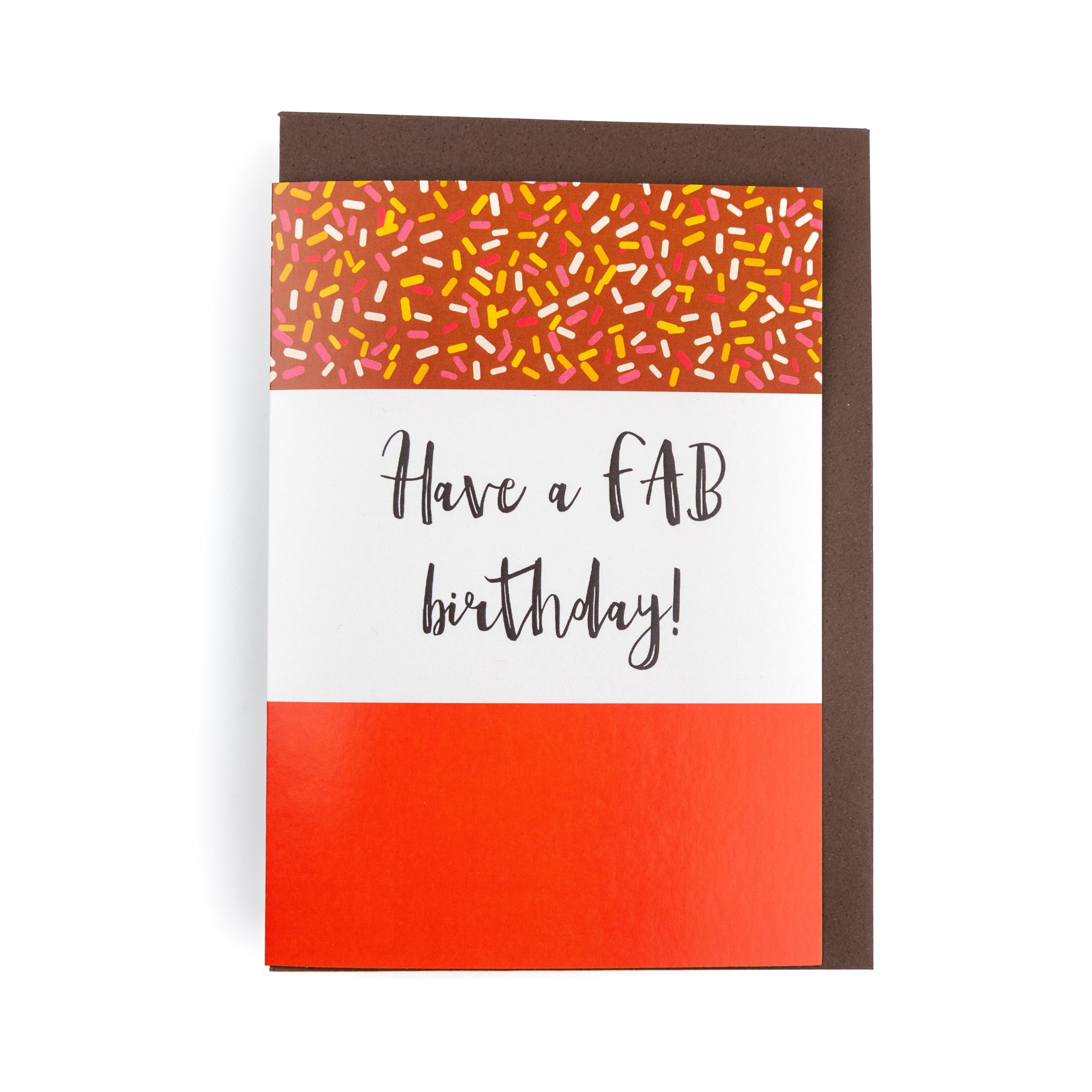 An image of a card in red and white with the words have a fab birthday.