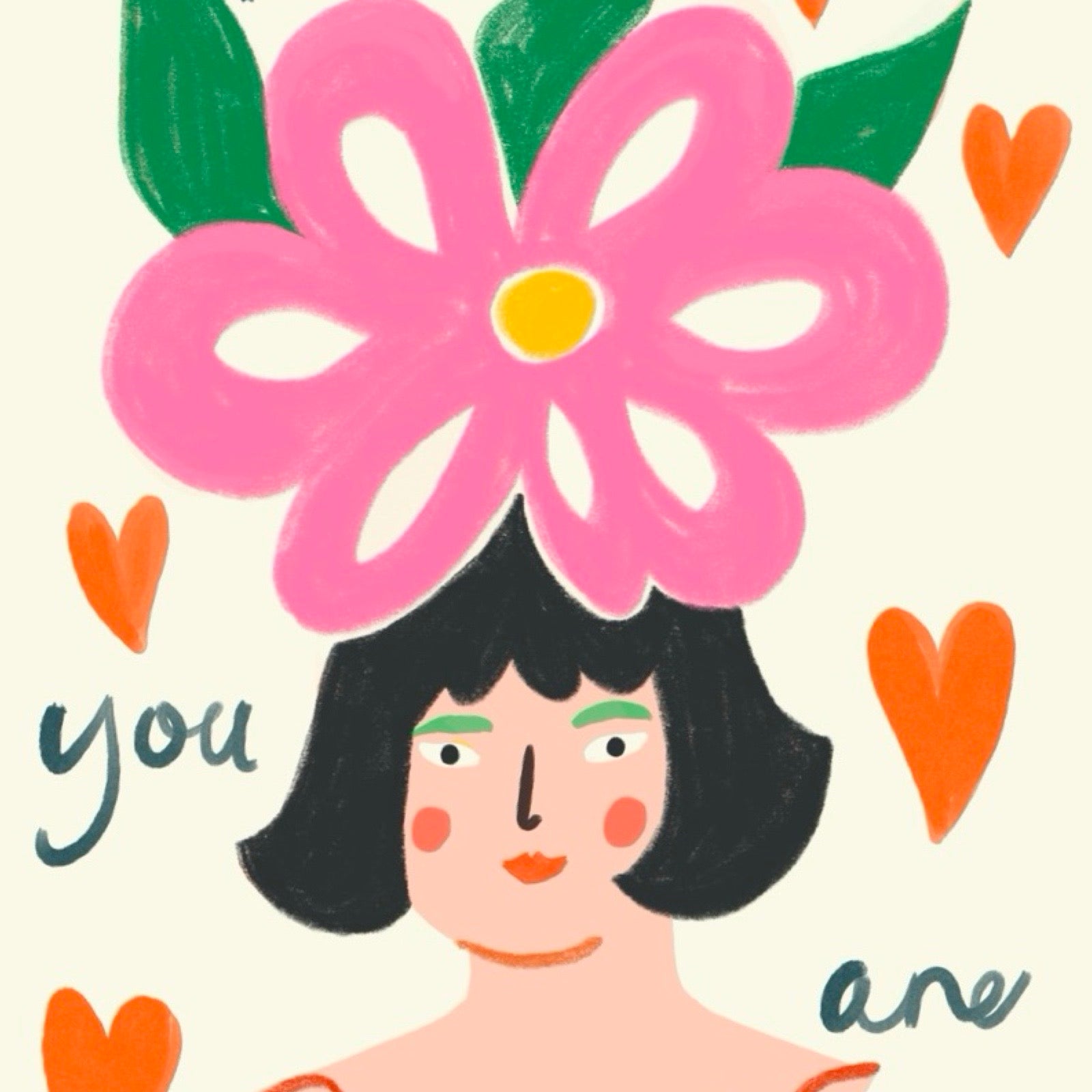 card featuring a lady with a giant pink flower in her hair, surrounded by love hearts and the text 'Mum you are Fabulous'.