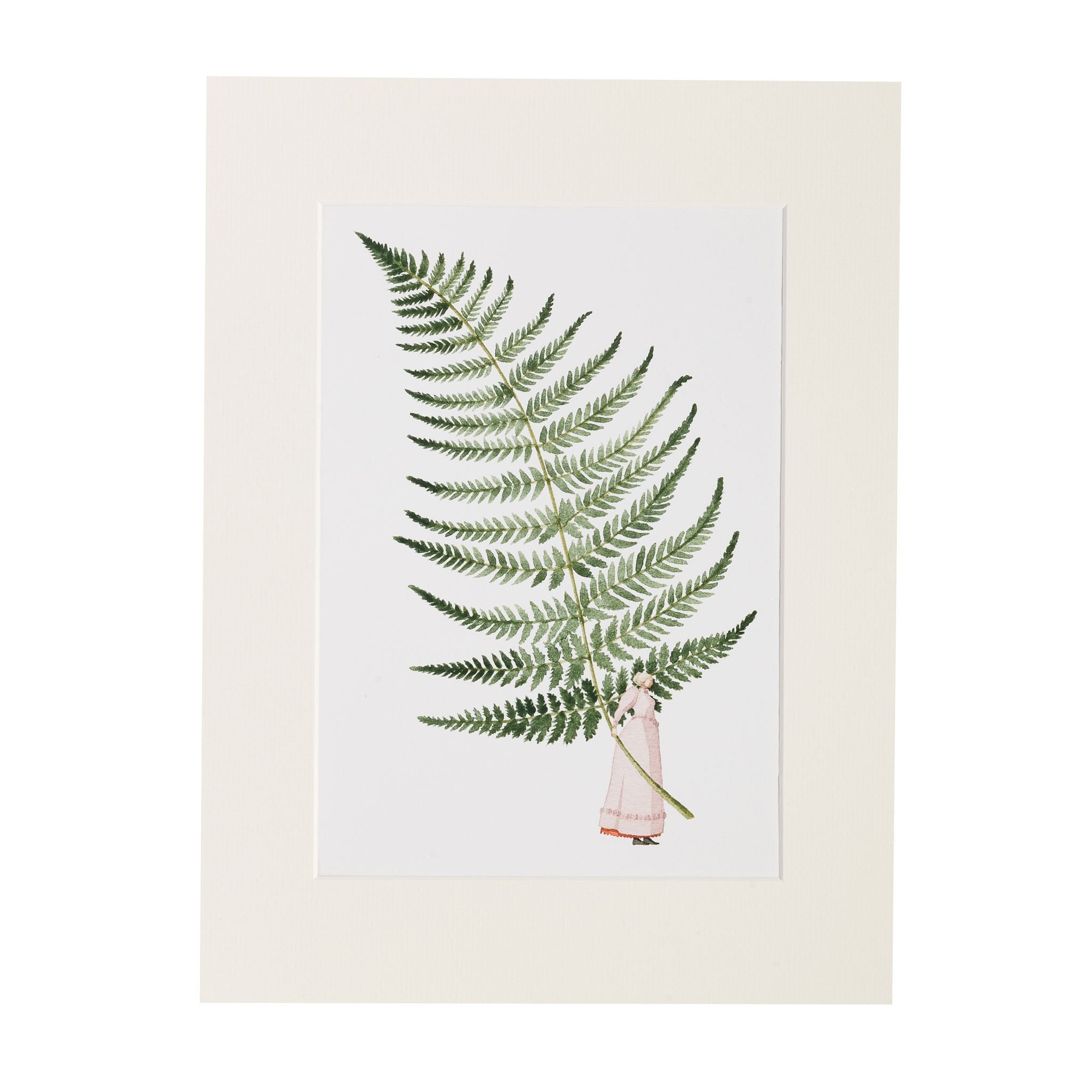 A print of a giant fern leaf being held by a lady dressed in a long flowing pale pink dress.
