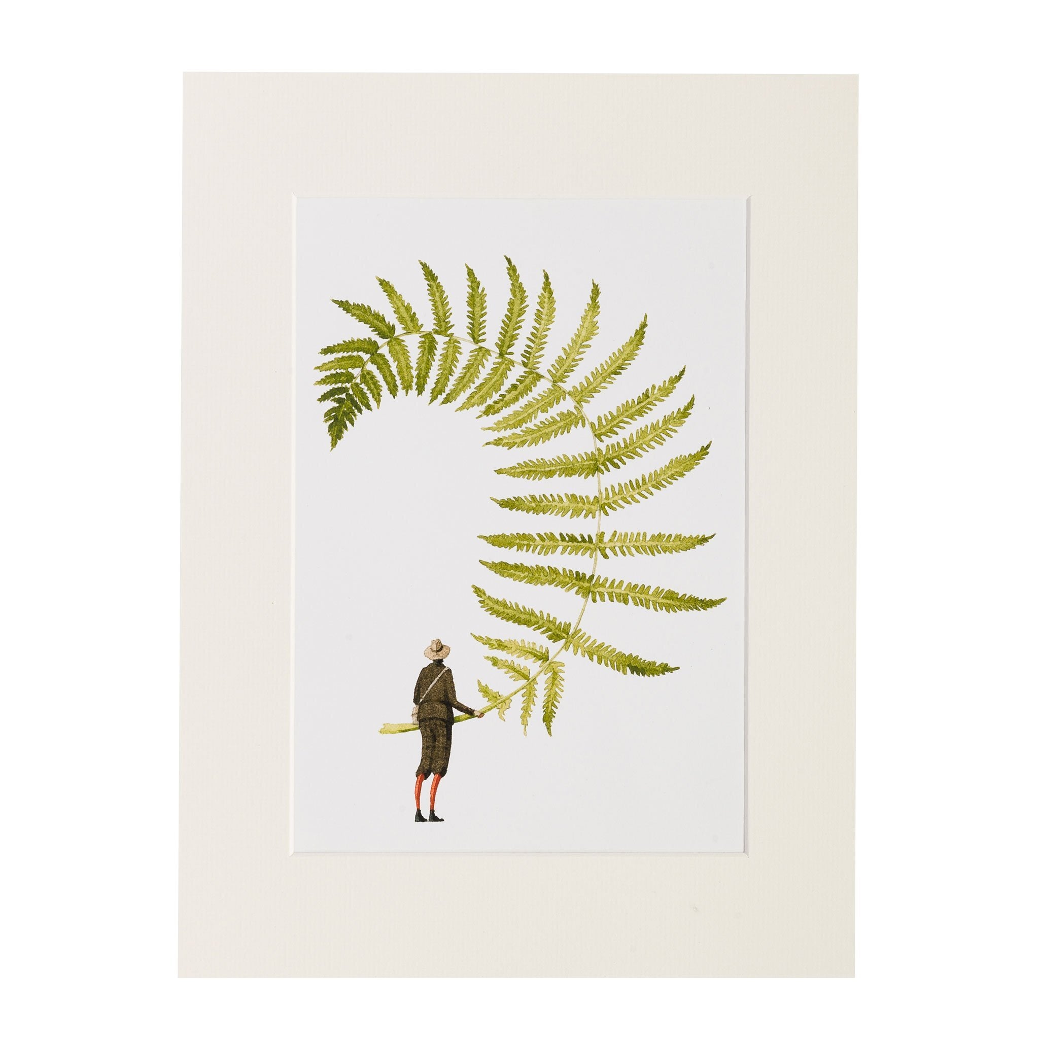 A print of a beautiful giant fern being held by a fabulously dressed gentleman.