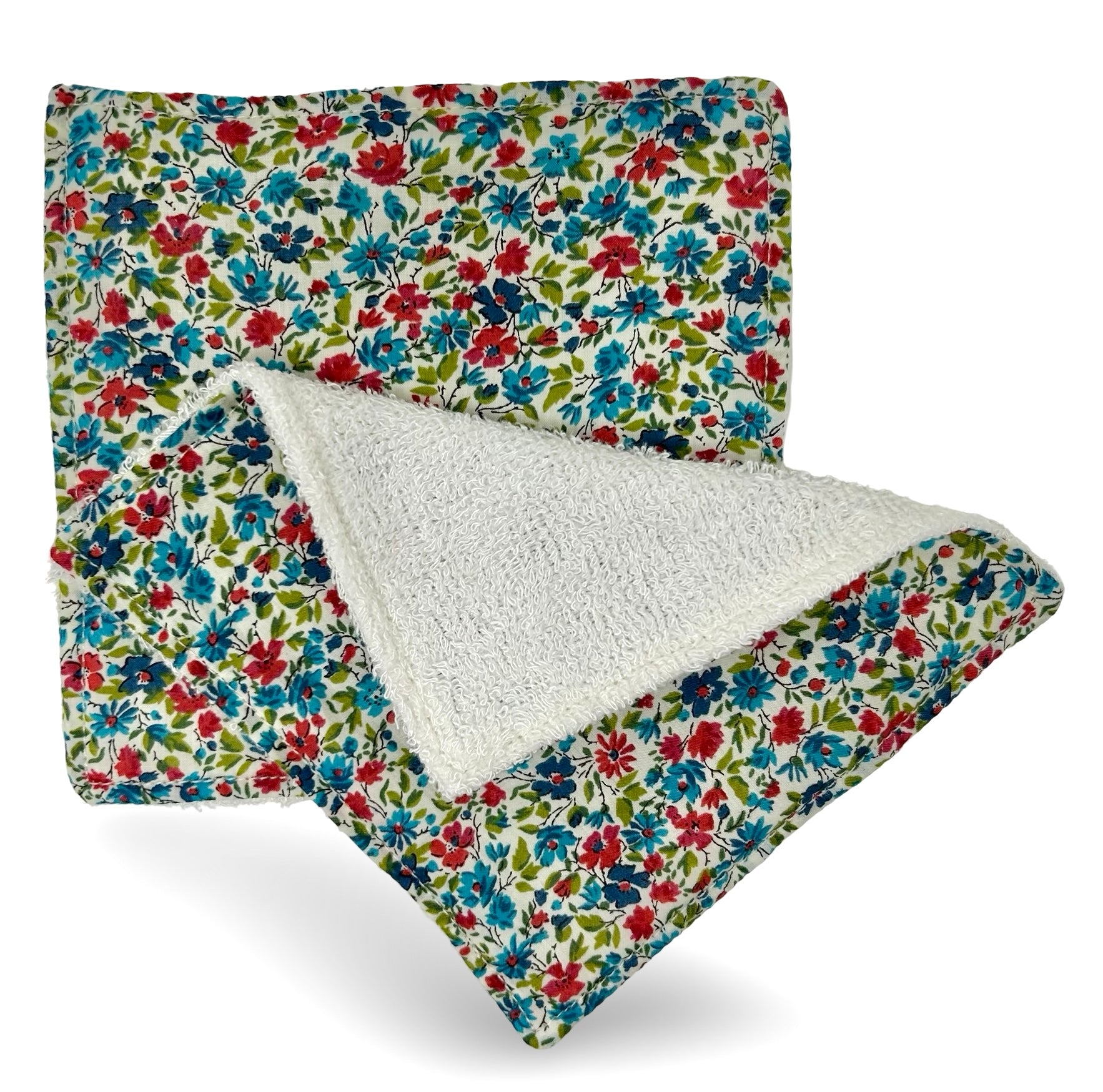 Two green Liberty face cloths with organic bamboo towelling on the reverse.