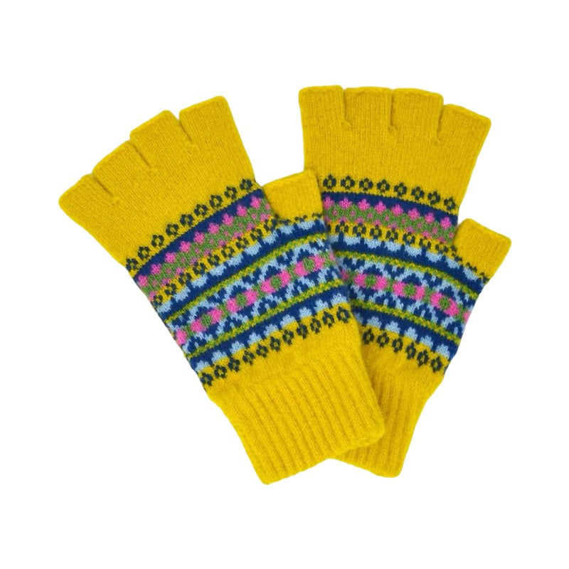 Ladies' mustard fingerless gloves with a contemporary pattern in pink, navy and blue.