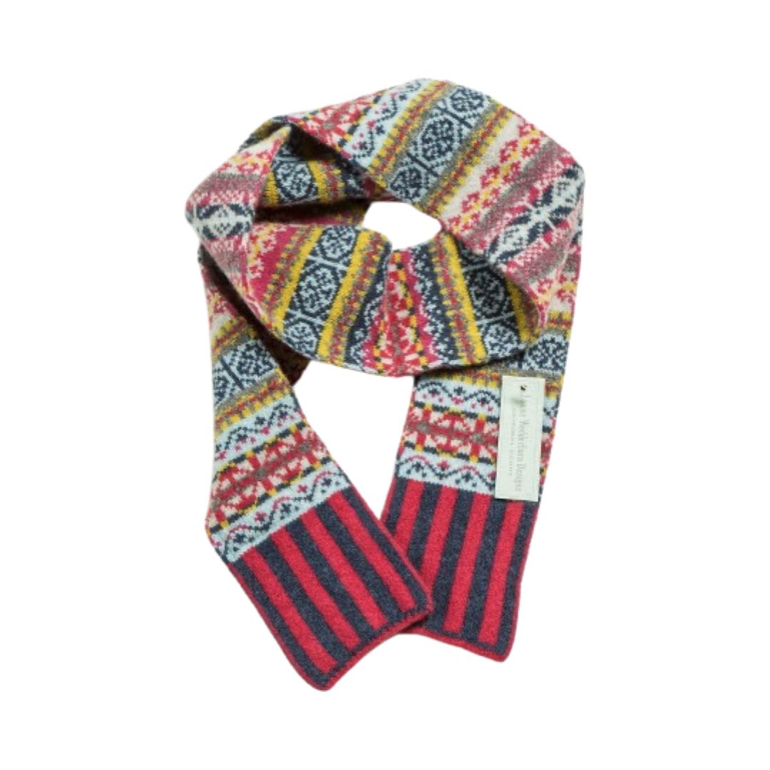 This skinny Fairisle scarf has a raspberry pink, navy and yellow pattern.