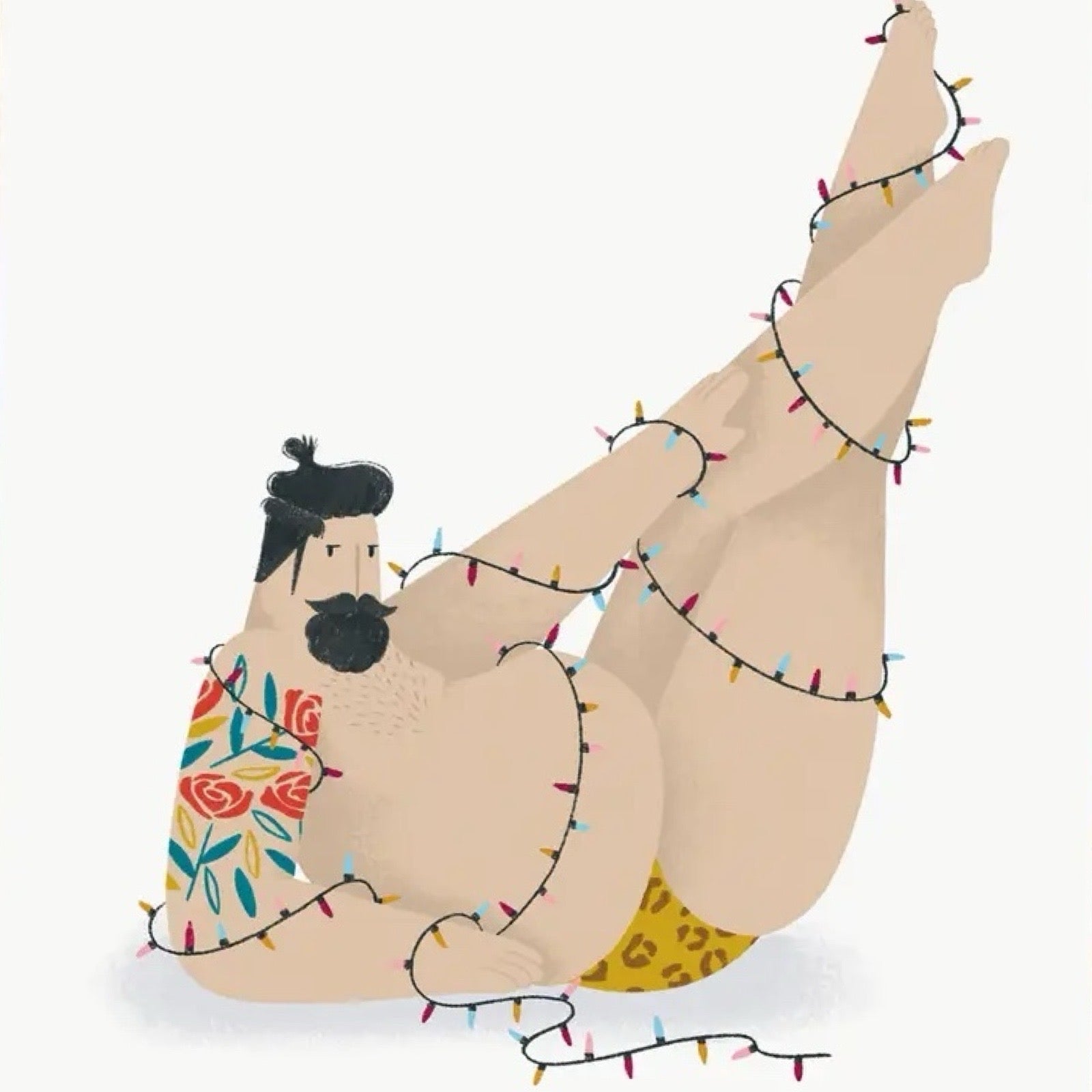 Fairy lights sexy man Christmas card close up.