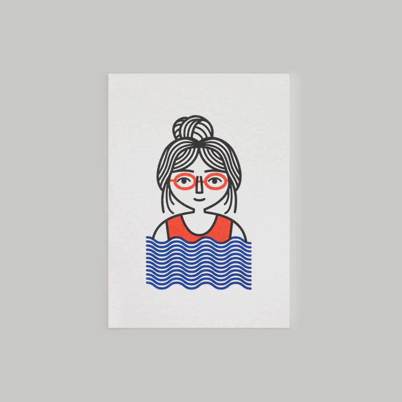Illustration of a woman with glasses and a swimsuit, standing in water, on a grey background.