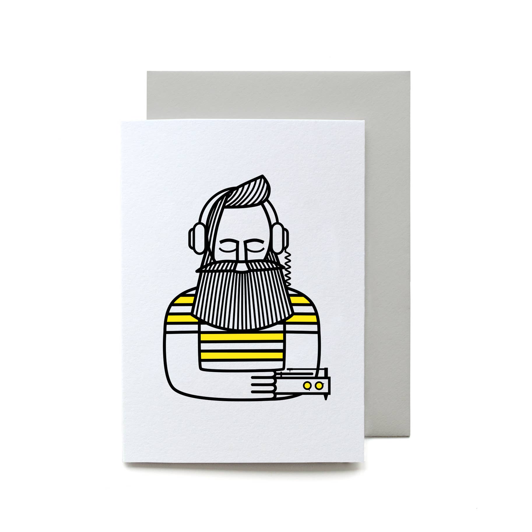 Greeting card with a stylised illustration of a person wearing headphones and a striped shirt on a white background.