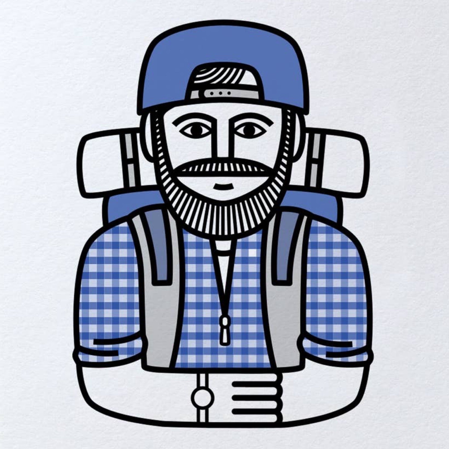 Greeting card with a design of a person wearing a blue cap, plaid shirt, and backpack on a white background.