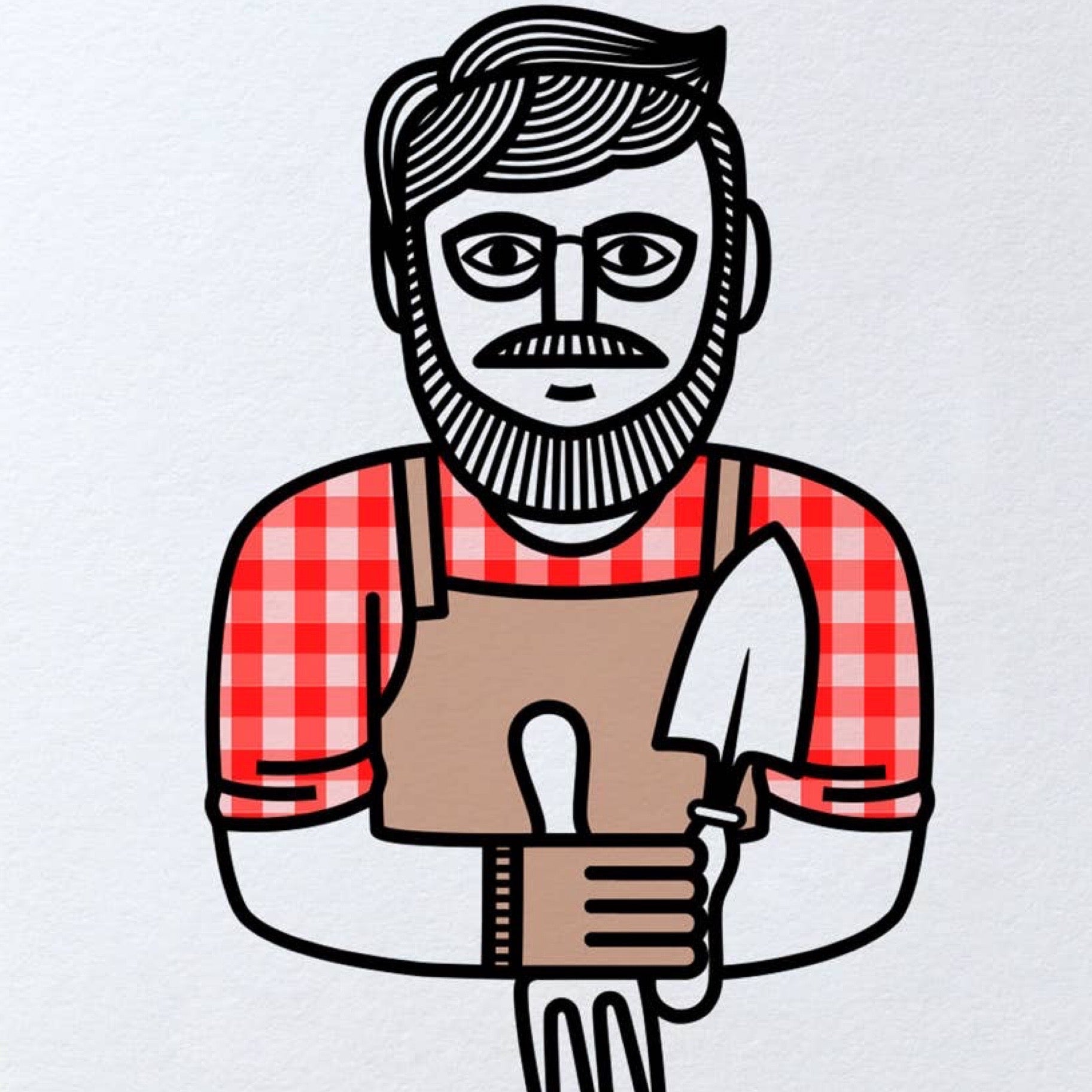 Greeting card with illustration of a bearded man in a checkered shirt and apron holding gardening tools, with a grey envelope.