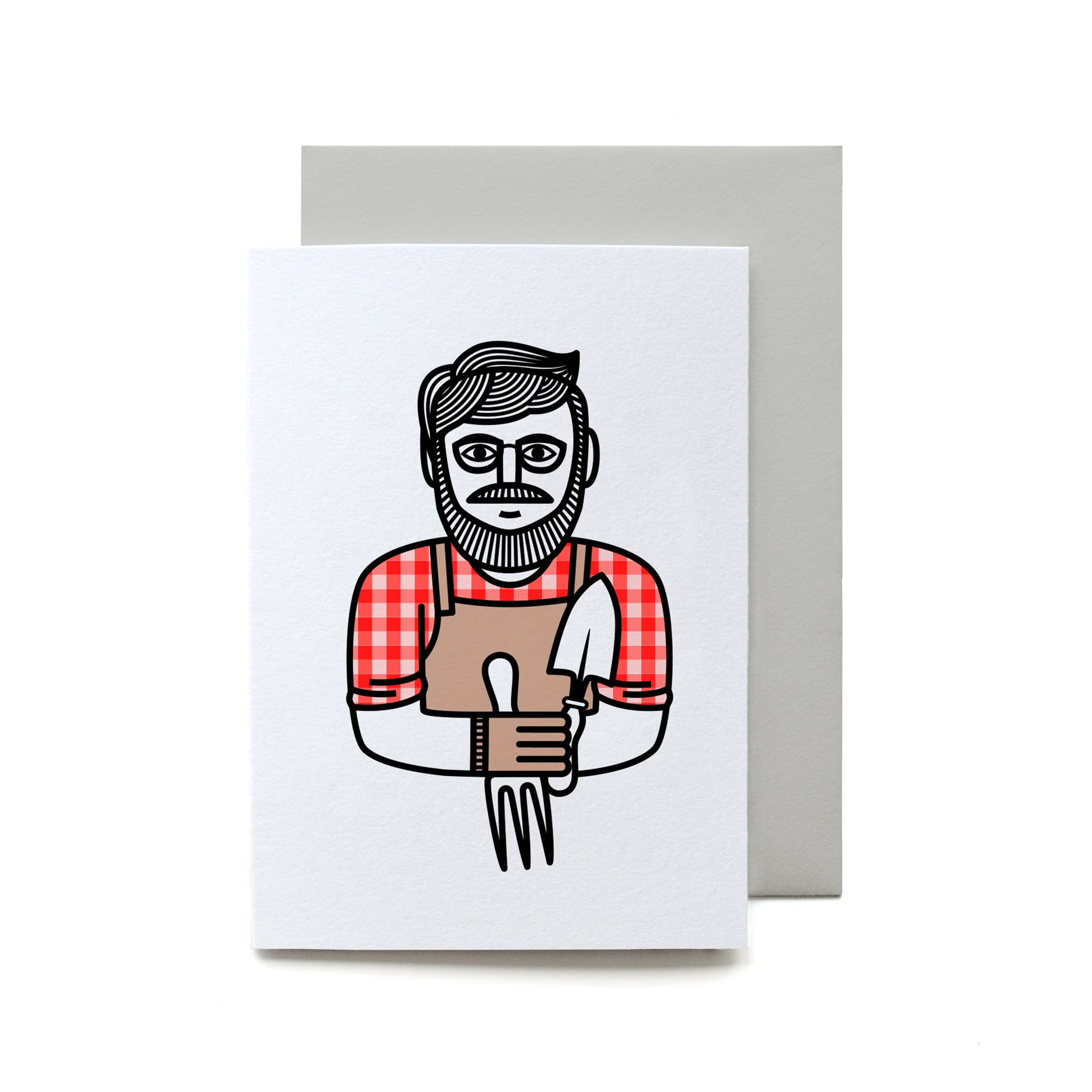 Greeting card with illustration of a bearded man in a checkered shirt and apron holding gardening tools, with a grey envelope.