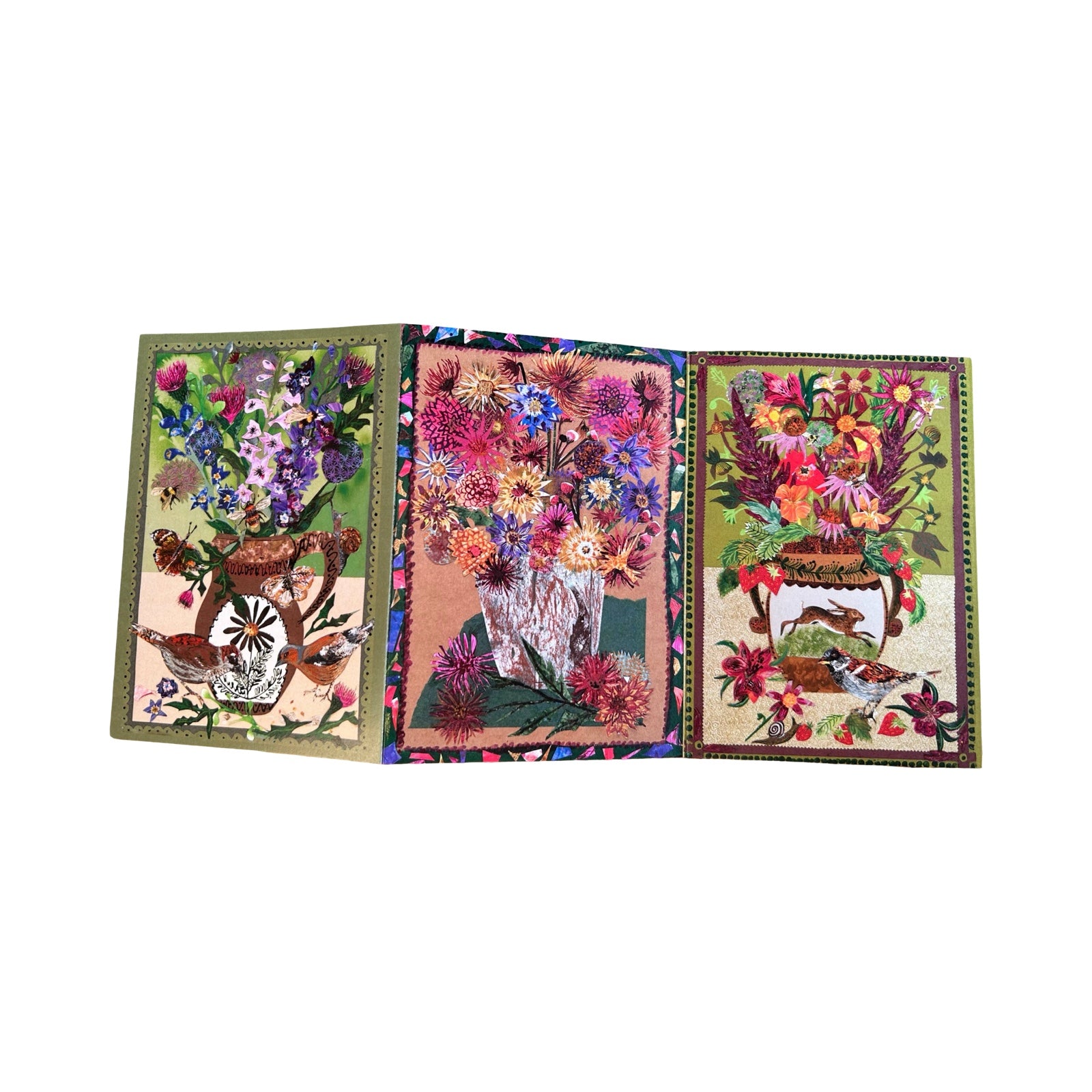 Three colourful floral and nature-themed wall hangings on a white background.