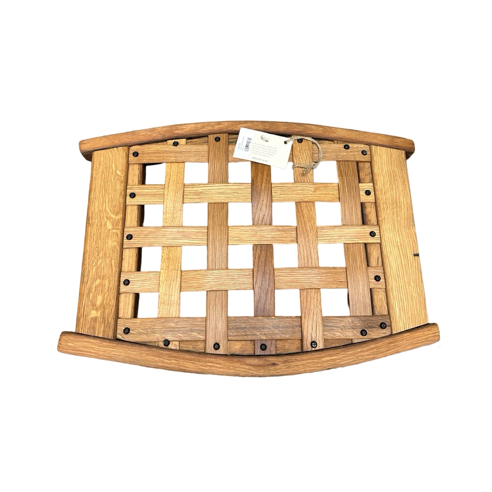 A woven lattice wooden top of a farrar wooden table.