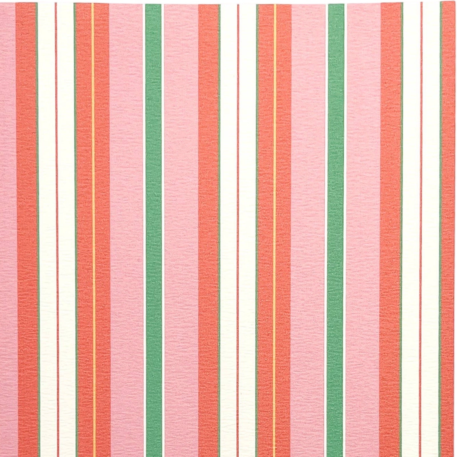 Vertical striped pattern with alternating pink, coral, green, and off-white stripes, with thin yellow accent lines in some stripes.
