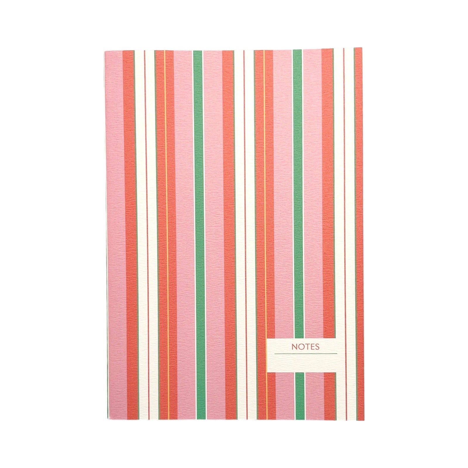 A striped notebook with vertical bands of pink, coral, green, and cream, featuring a small white label at the bottom right that reads 'NOTES'.