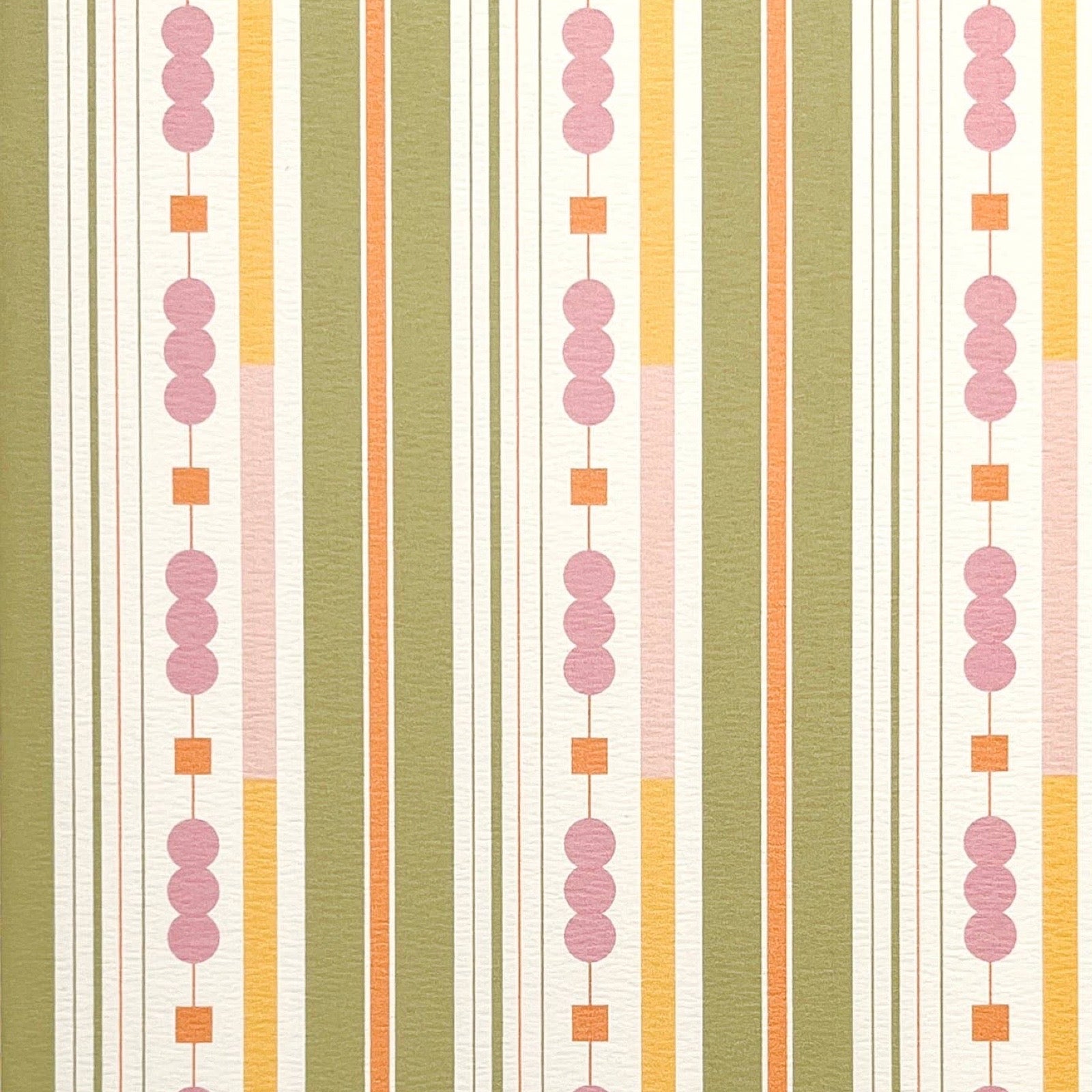 A close-up of a striped wallpaper pattern featuring vertical bands of sage green, cream, orange, and pink with repeating pink circular and square motifs.