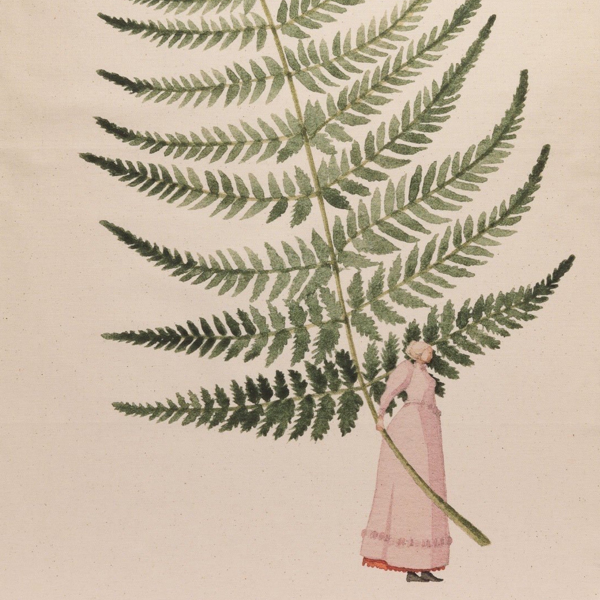 Illustration of a person holding a large fern leaf on a beige background.