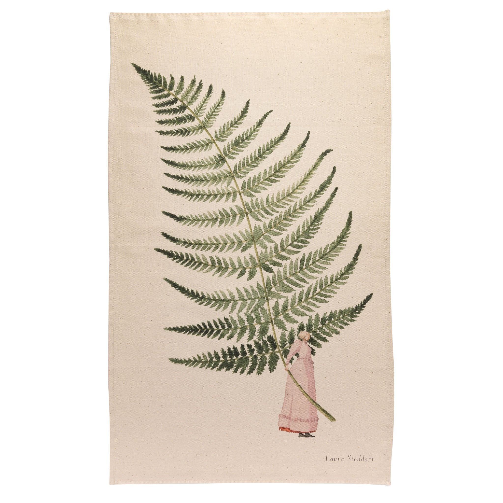 Tea towel featuring an illustration of a lady holding a giant fern leaf.