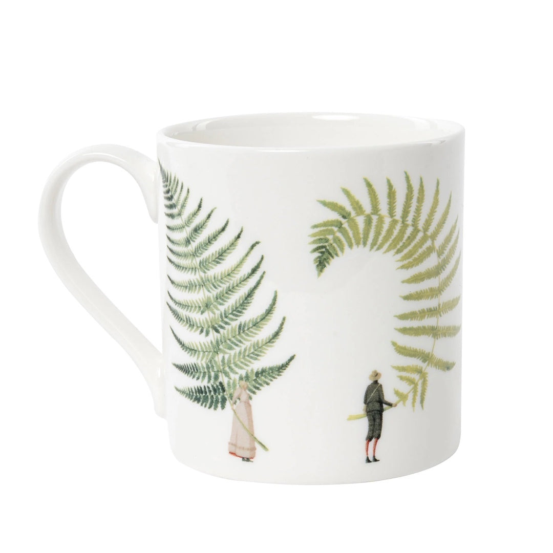Fine bone china mug decorated with four illustrations of men and ladies holding giant ferns.