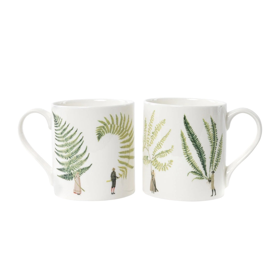 Two fine bone china mug decorated with four illustrations of men and ladies holding giant ferns.