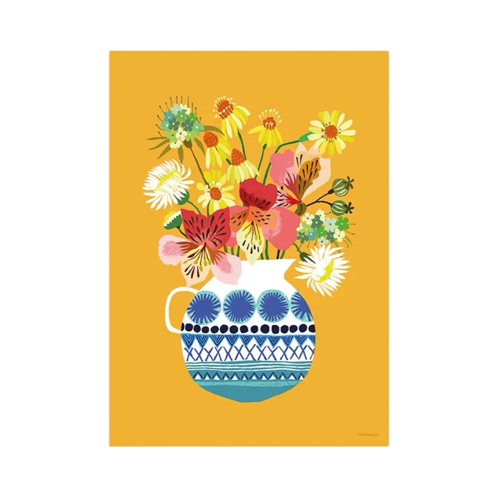 Print of a bunch of colourful summer blooms in a blue and white patterned vase, all on a yellow background.