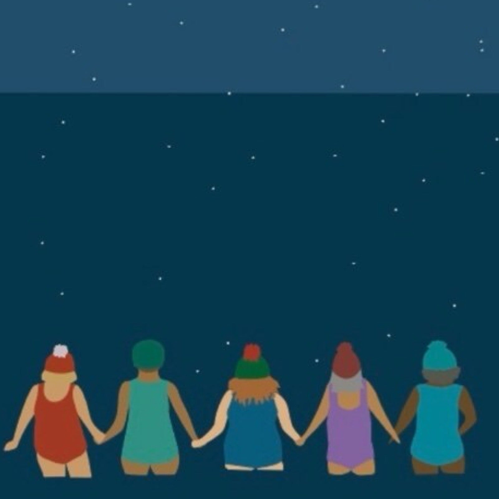 Festive friends wild swimming card close up.