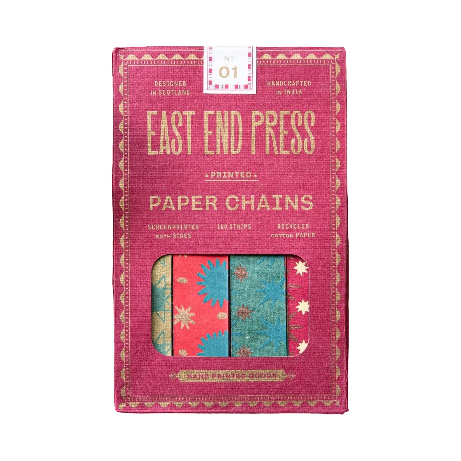 This paper chain-making kit contains 160 red, green and gold patterned gummed paper strips that can be used to create a beautiful 10m paper chain.