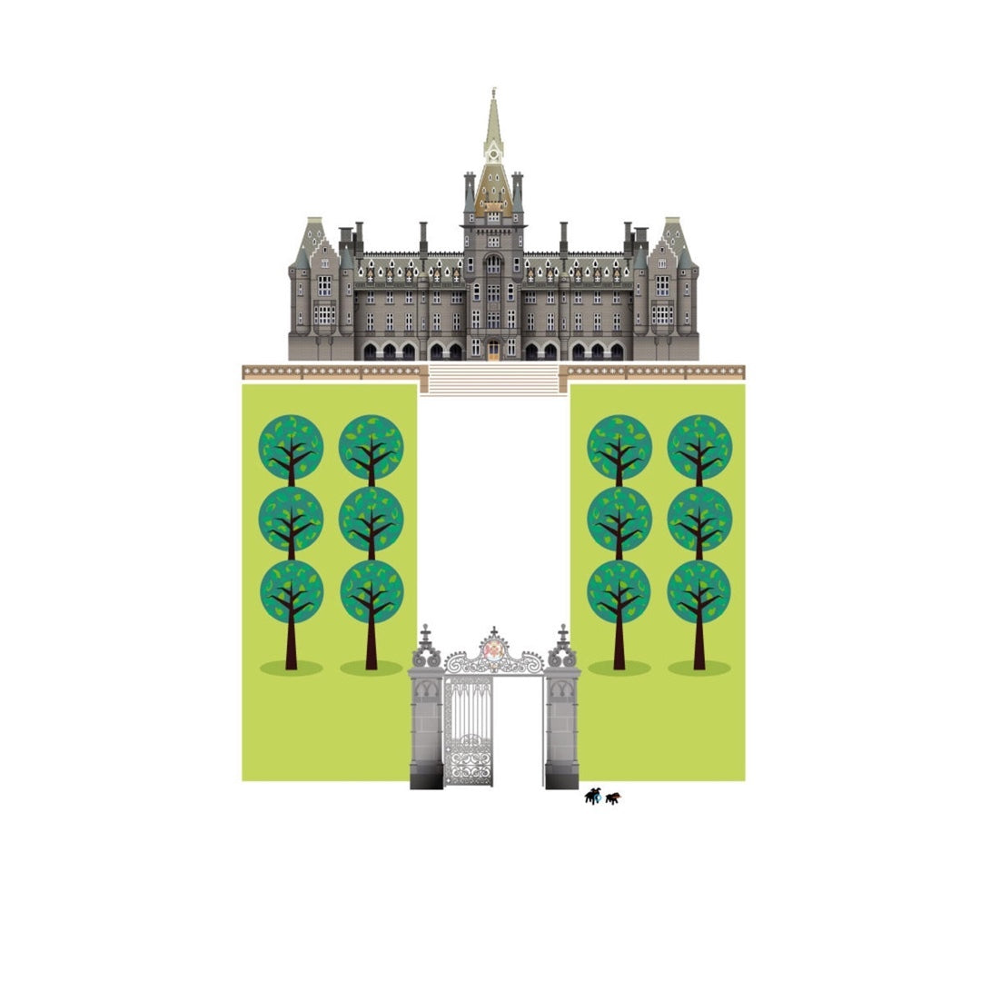 An illustration of Fettes College, featuring a postcard or card design with a green and gray color scheme, depicting the college gates and trees.