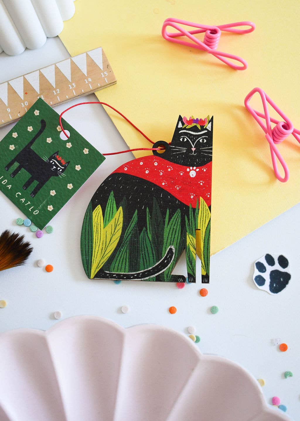 Frida Catlo Wooden Cat Decoration