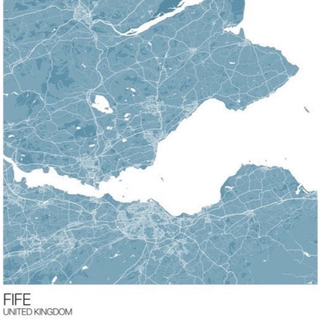 Map of Fife, United Kingdom with a blue color scheme.
