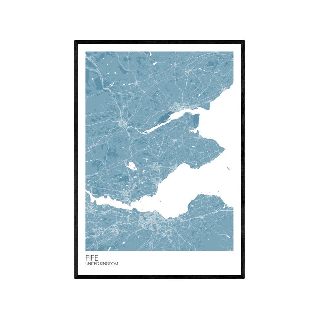 A map print showing the region of Fife in blue and white with a white border and the text 'Fife, United Kingdom' below.