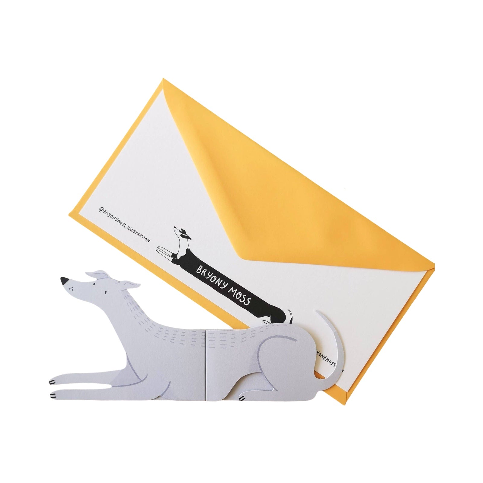 This dog-shaped card opens out to reveal a ridiculously long dog! 'Finn' is a light grey dog.