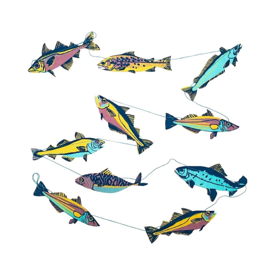 Fish paper garland with 10 screen-printed fish in shades of pink, turquoise, navy and yellow.