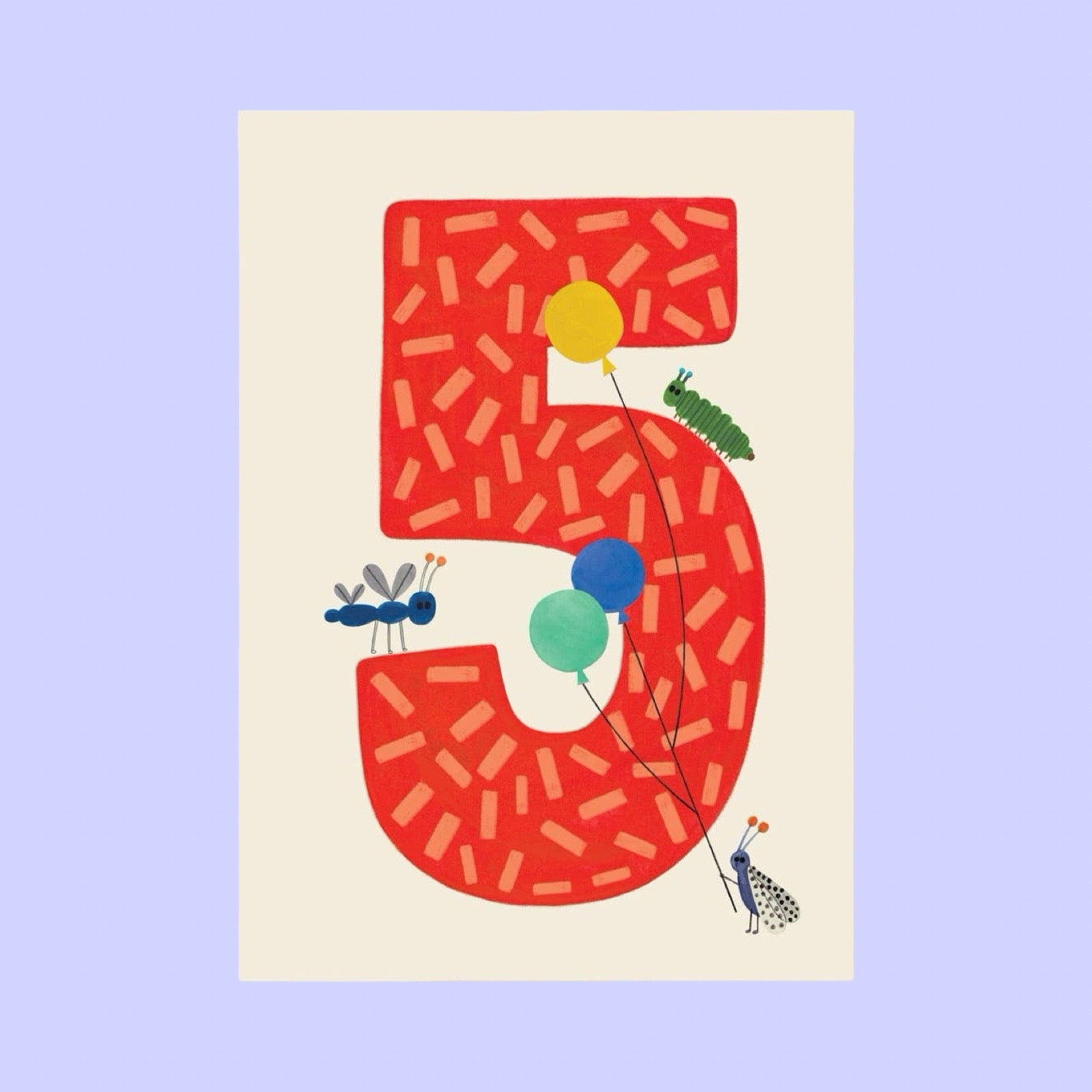Illustration of the number 5 with a red pattern, yellow and blue balloons, green caterpillar, and black ant on a light purple background.
