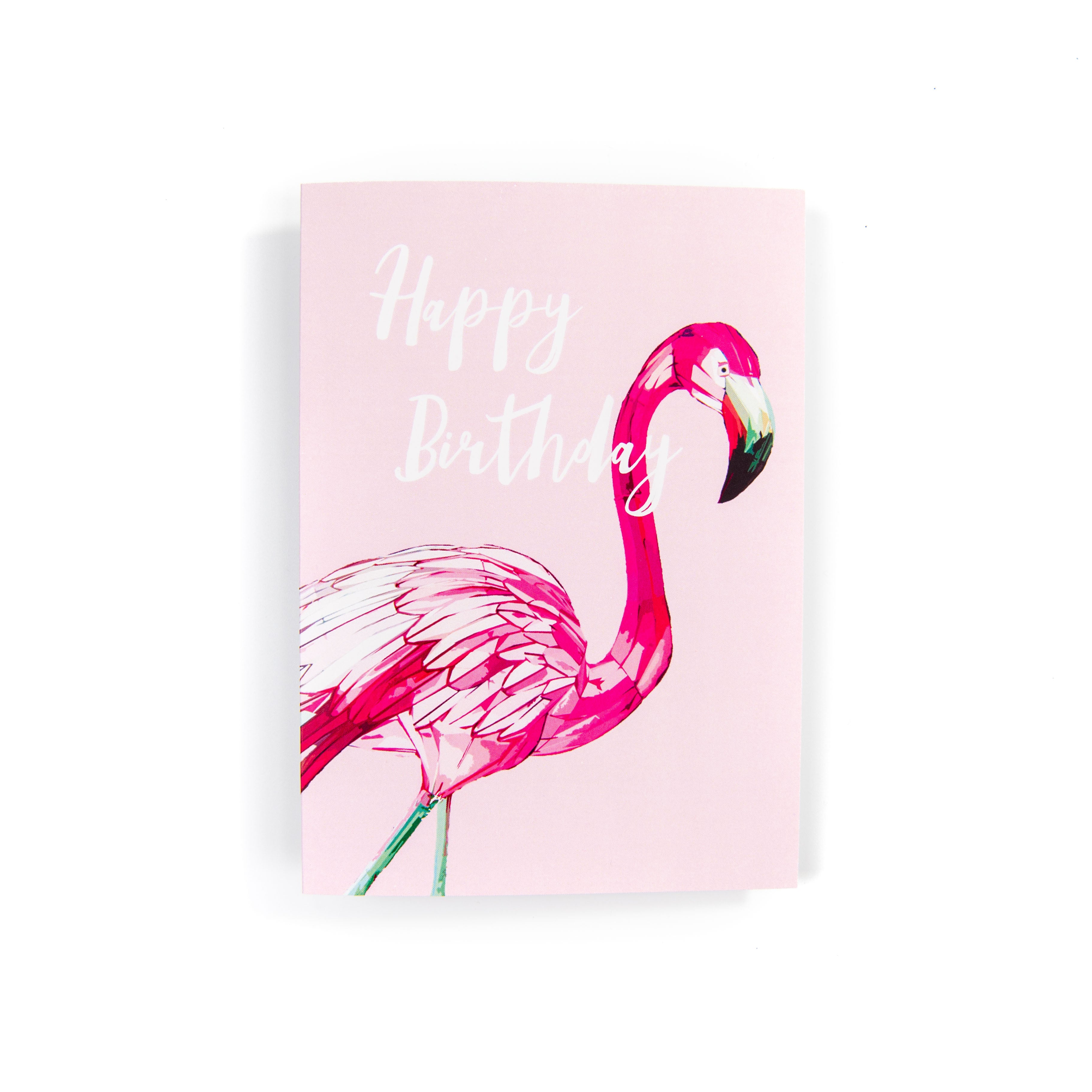 Greeting card with a pink flamingo and 'Happy Birthday' text on a light pink background