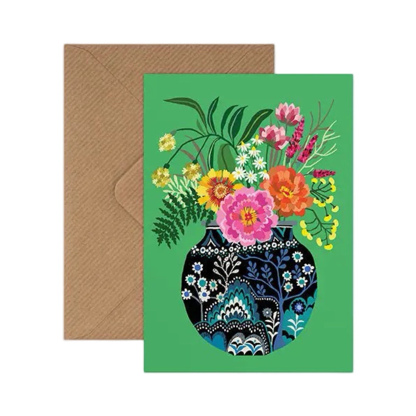 Card featuring a bunch of colourful fleurs in a navy floral vase, all on a green background.