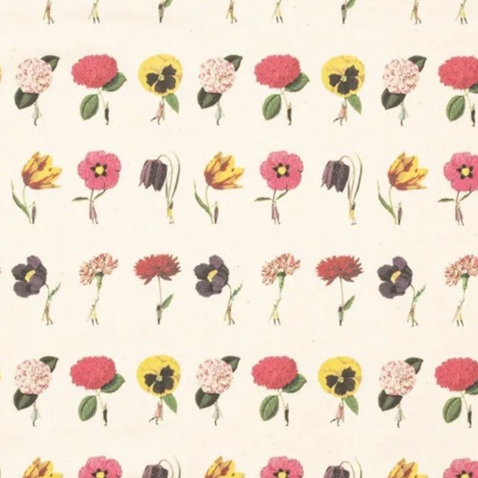 Fabric featuring giant colourful flowers being held by fabulously dressed men and women.