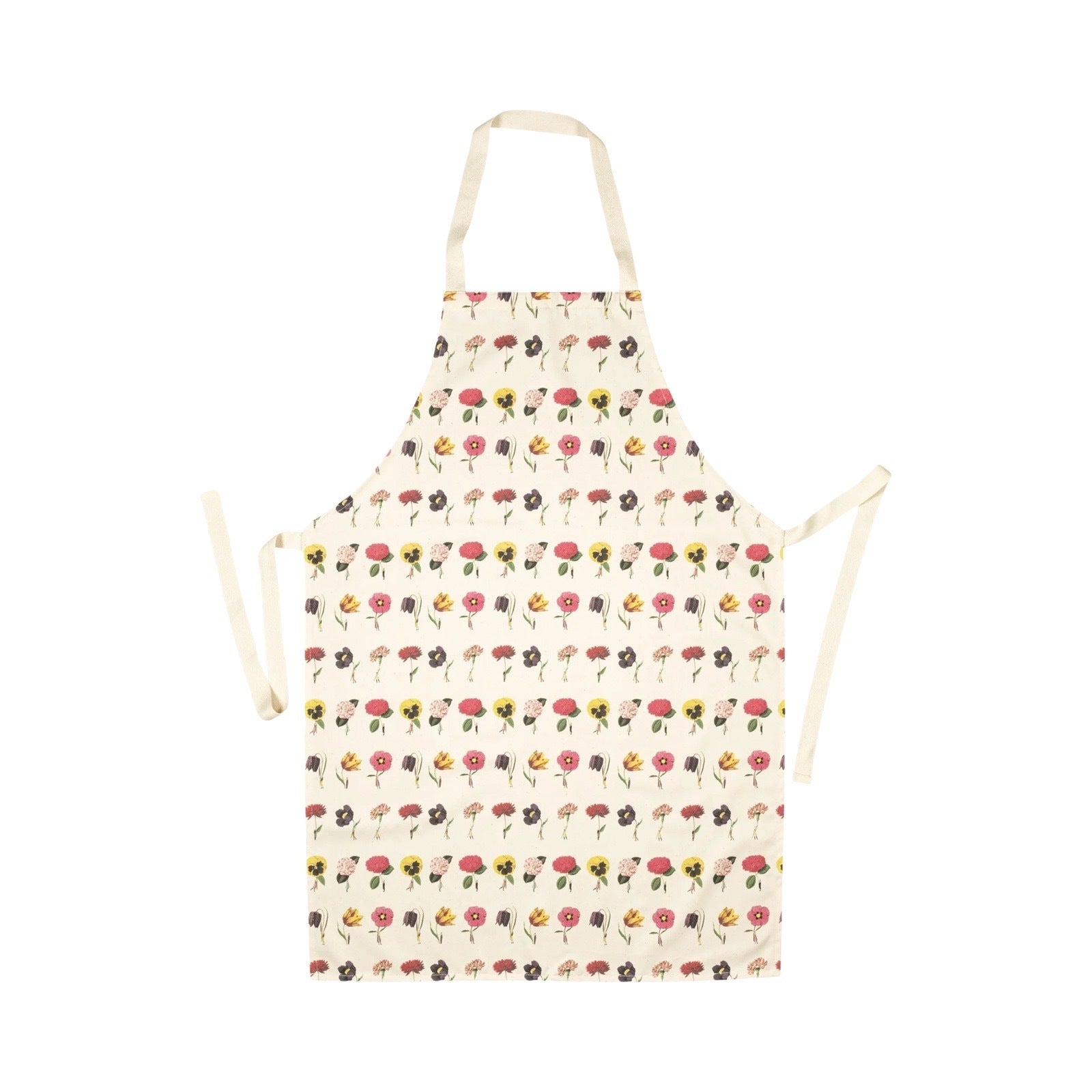 Floral apron featuring giant colourful flowers being held by fabulously dressed men and women.