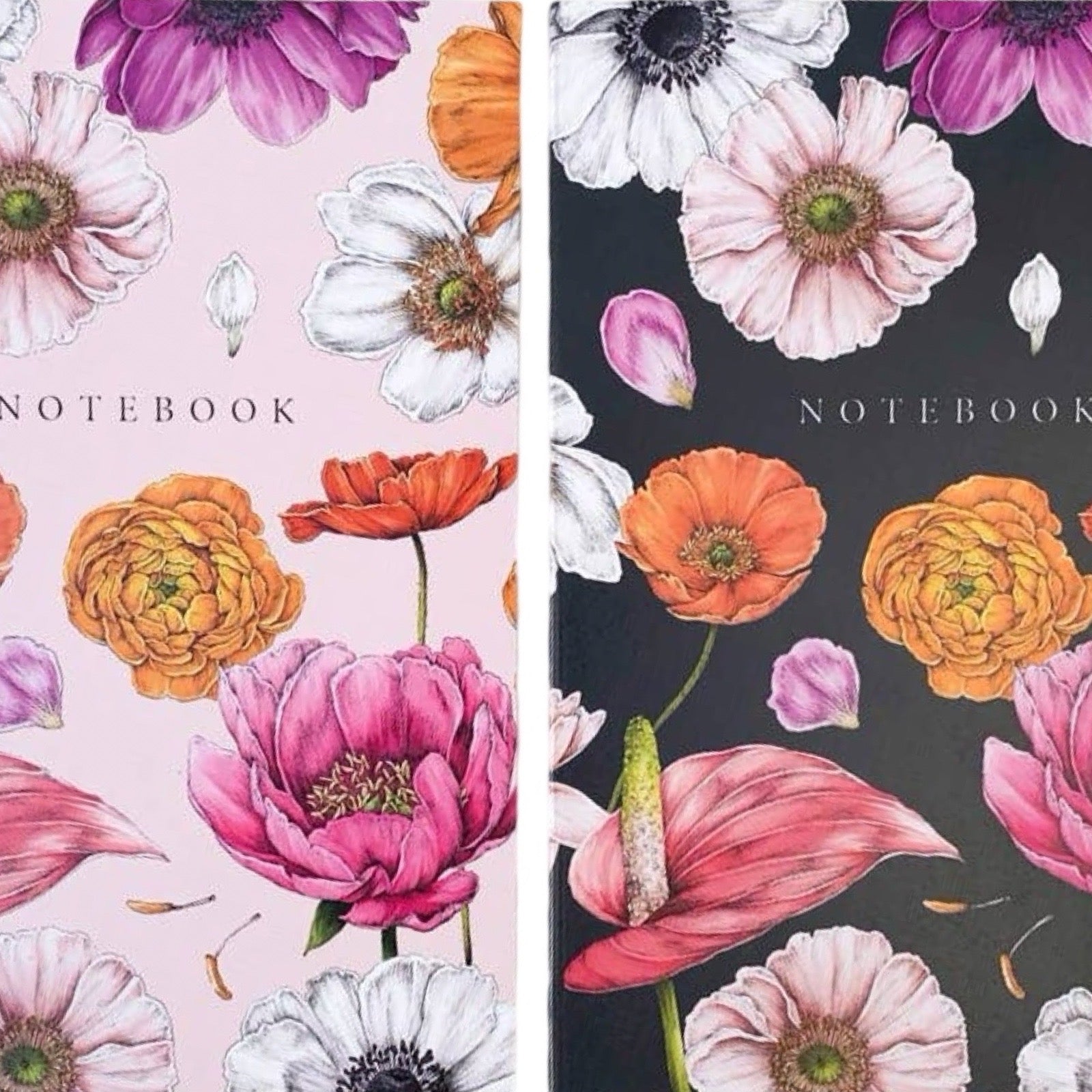 Two notebook covers with floral designs on a pink and black background.