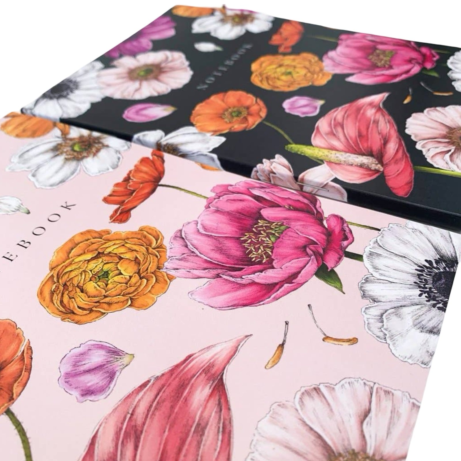 Set of 2 notebooks with colourful floral covers. Each set contains one pale pink and one black notebook.