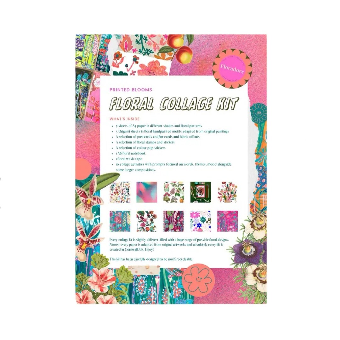 The back of a rectangular packet for a floral collage kit with a collage of colourful flowers and foliage.