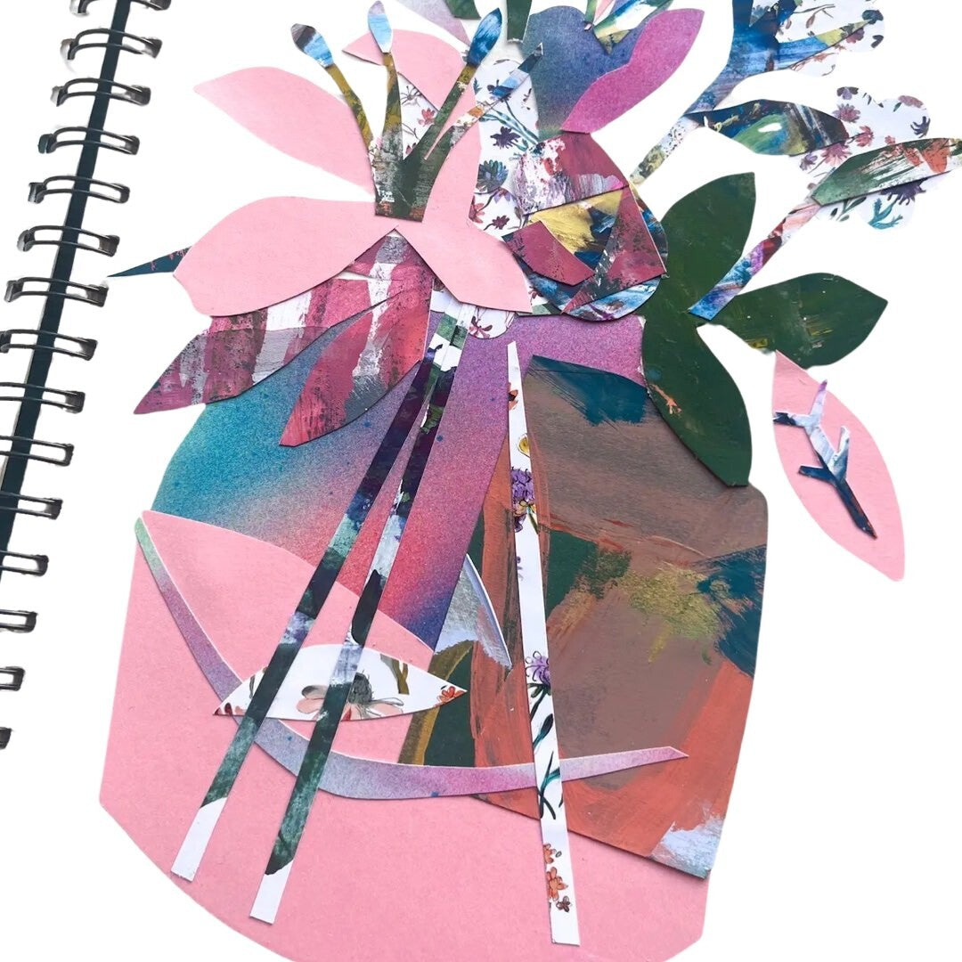 A collage of colourful flowers in a plant pot.