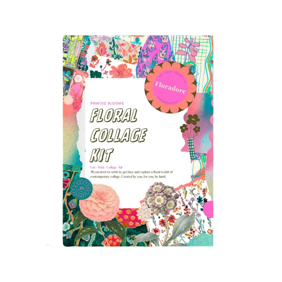A rectangular packet for a floral collage kit with a collage of colourful flowers and foliage.